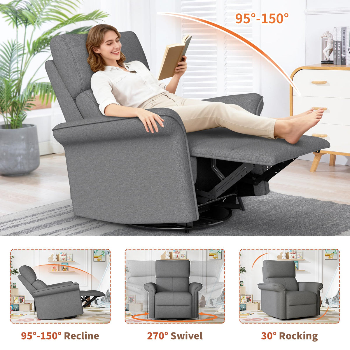 Velvet Grey Swivel Rocker Recliner Chair Q601018