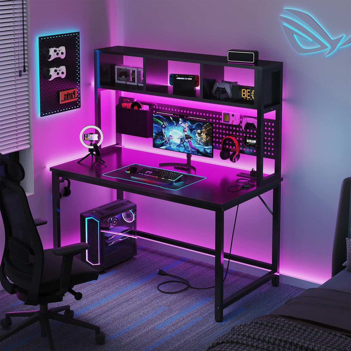Black 47 Inch Gaming Desk with Hutch and Pegboard V809839
