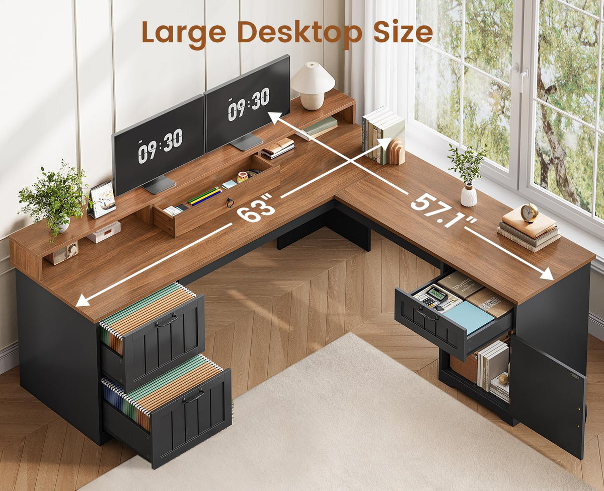 63" L Shaped Desk with Drawers and Storage Cabinet A852