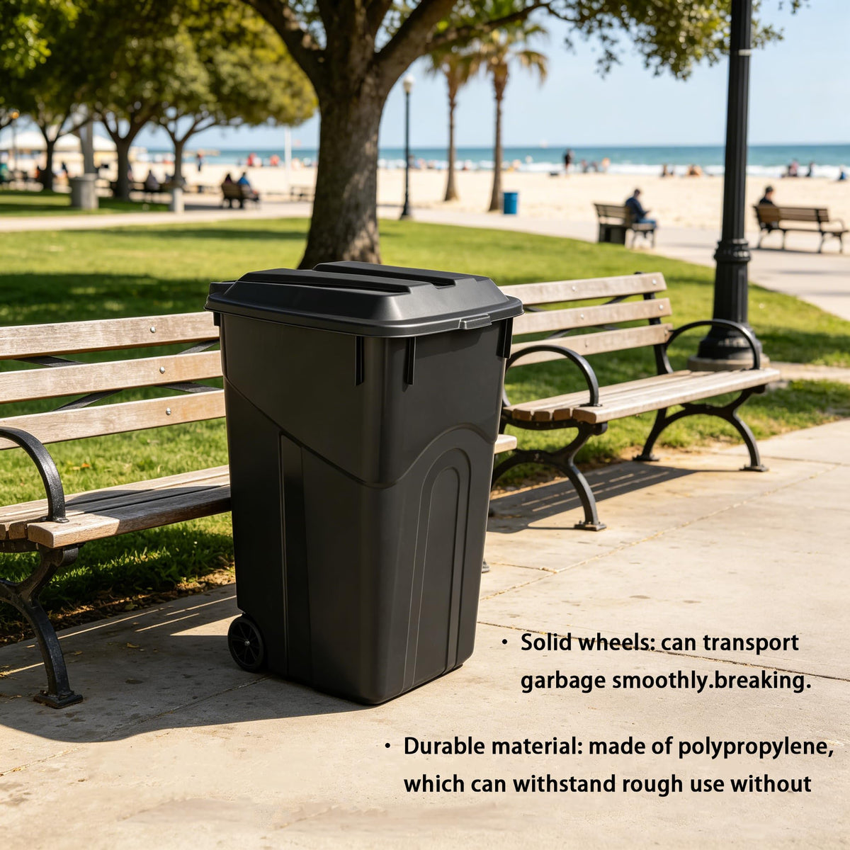 Black 45 Gallon Wheeled Plastic Garbage Can with Lid V6385
