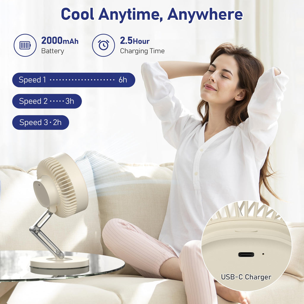 Small Quiet Table Fan with Metal Stand 3 Speed 2000mAh Rechargeable E2938