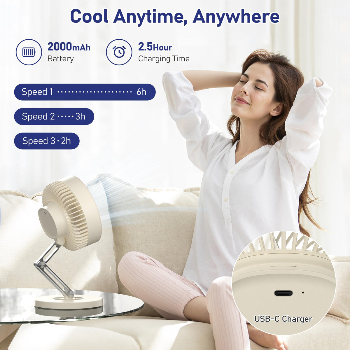 Small Quiet Table Fan with Metal Stand 3 Speed 2000mAh Rechargeable E2938