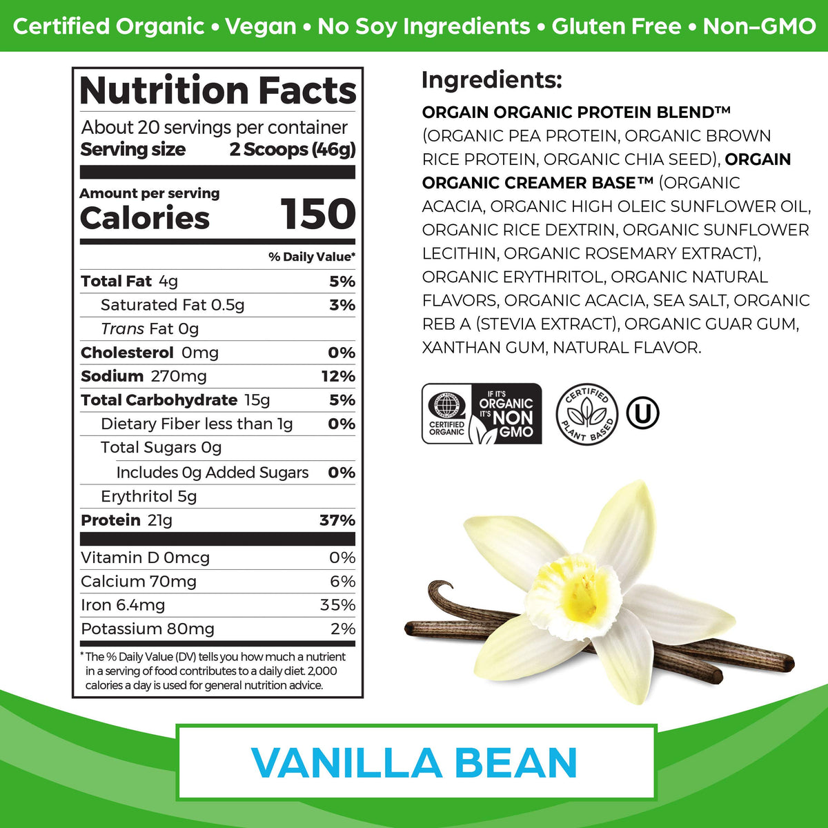 Organic Vegan Protein + Superfoods Powders Vanilla Bean D309