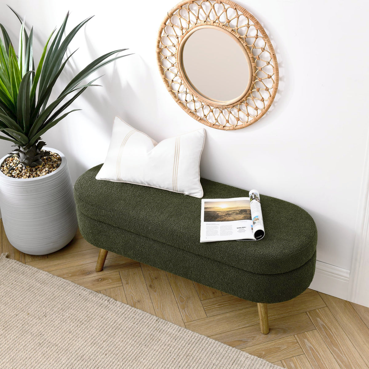 Oval Storage Bench with Rubber Wood Legs Green F34190