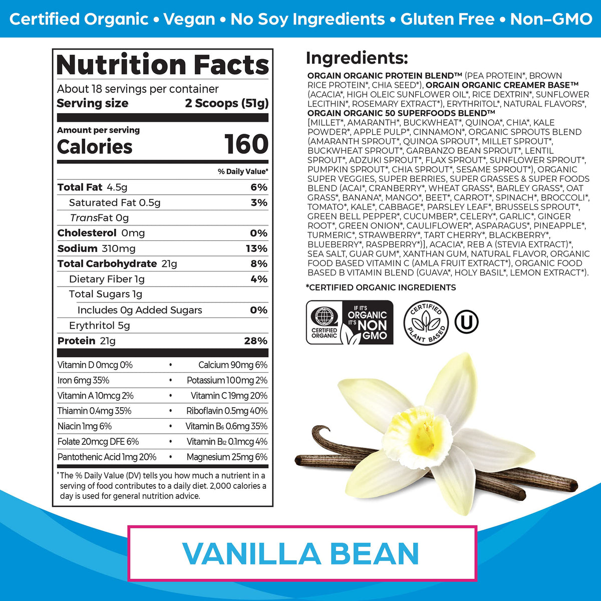 Organic Vegan Protein + Superfoods Powders Vanilla Bean D309