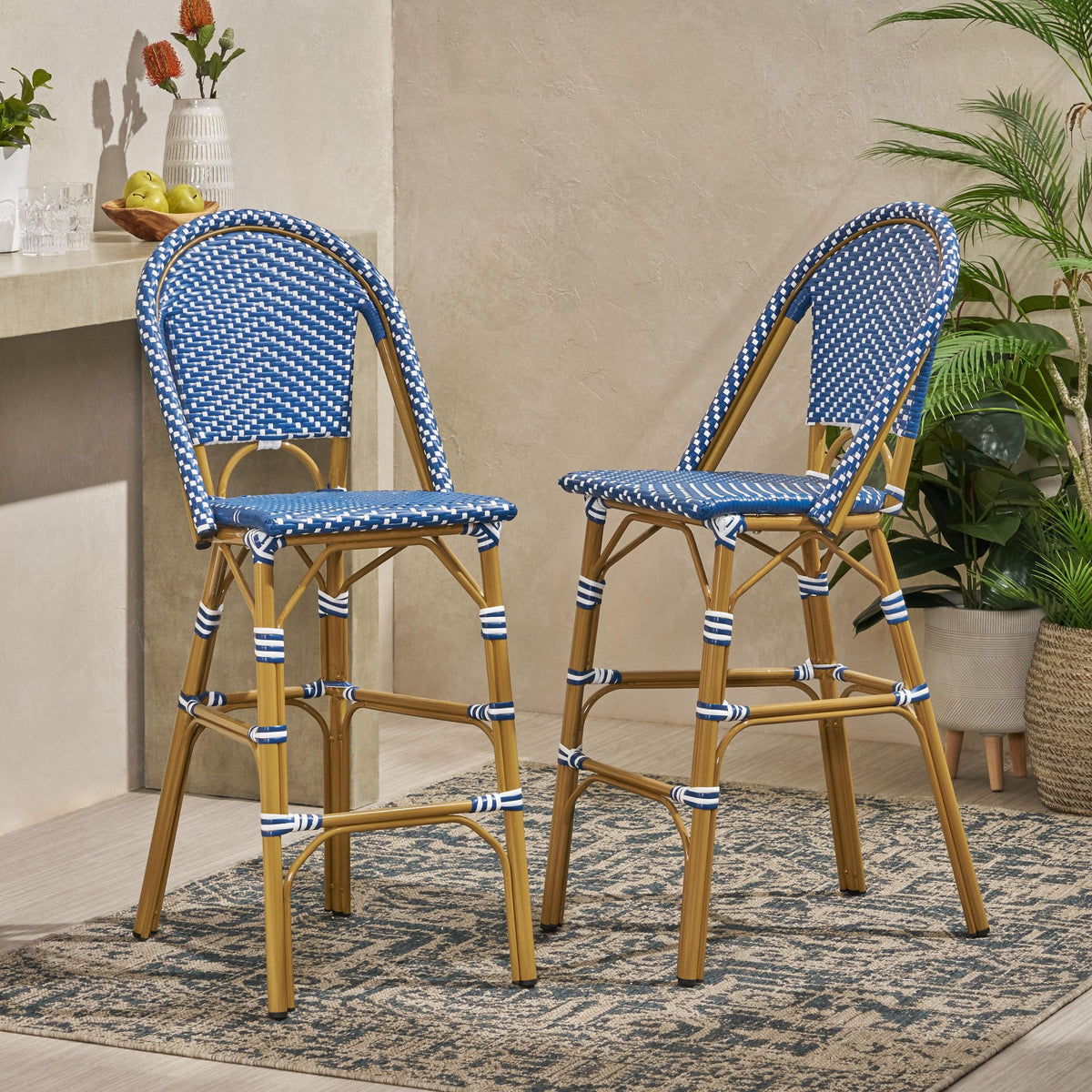 29.5" H Outdoor Bar Stools Set of 2 PE Rattan Aluminum Dark Teal & White T31500
