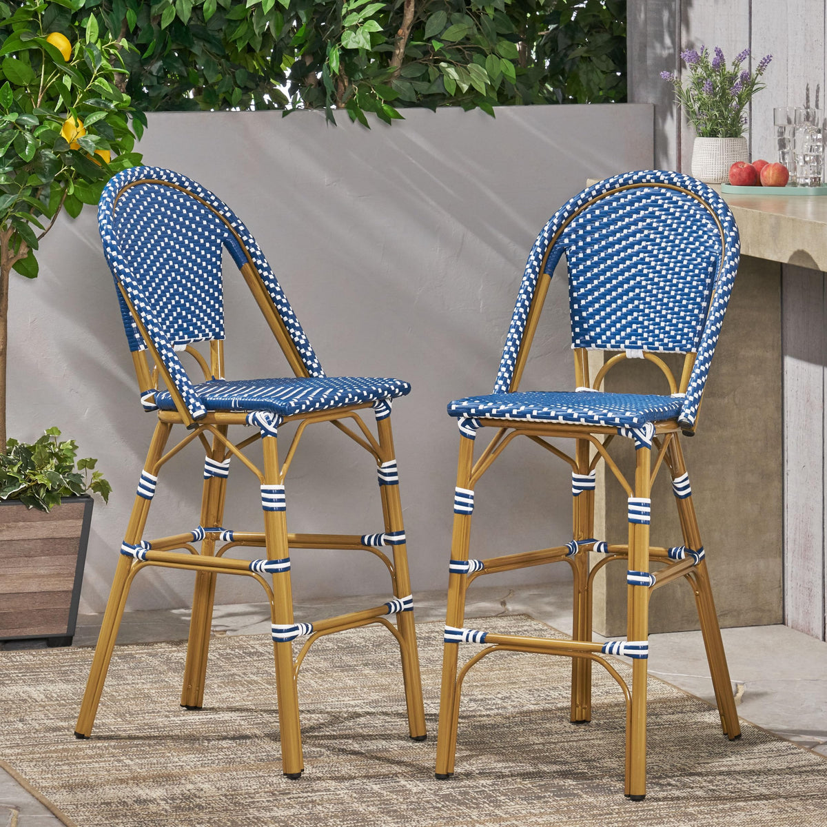 29.5" H Outdoor Bar Stools Set of 2 PE Rattan Aluminum Dark Teal & White T31500