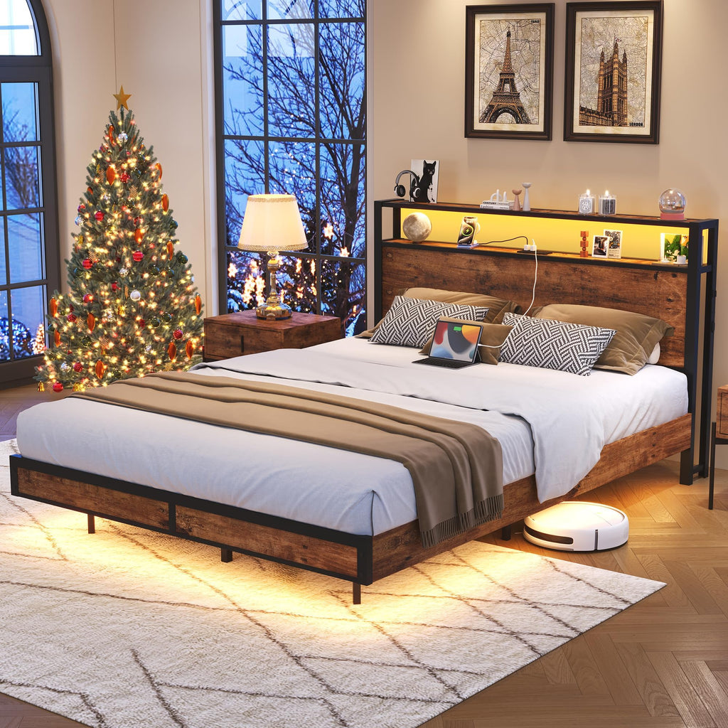 Queen Size Metal Platform Bed Frame with Storage Headboard A842